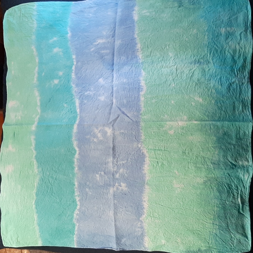 Hand Dyed Bandana. Blue, green, and purple striped tie dye.